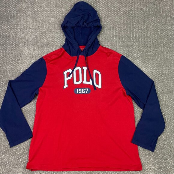 Polo Ralph Lauren 1967 Hooded T Shirt Hoodie Men's XL Red Blue Colorblock - Picture 1 of 7